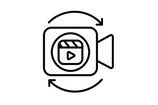Outlined video camera icon with circular replay arrows