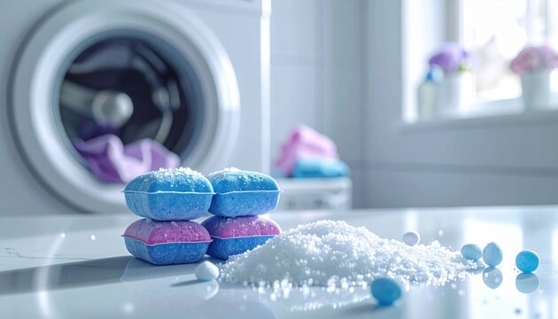 Laundry detergent pods beside washing machine