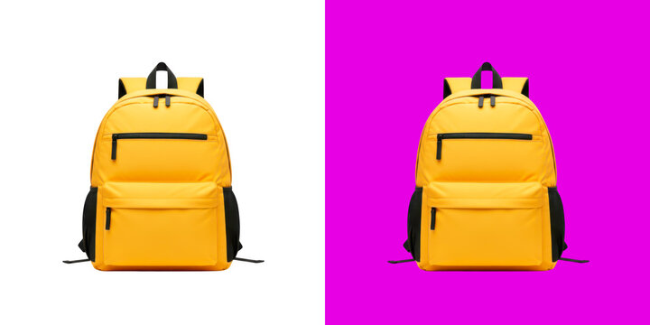 Bright yellow backpack with black zippers and side pockets png