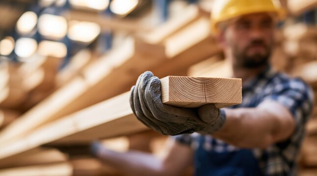Construction worker in gloves holding timber plank in warehouse