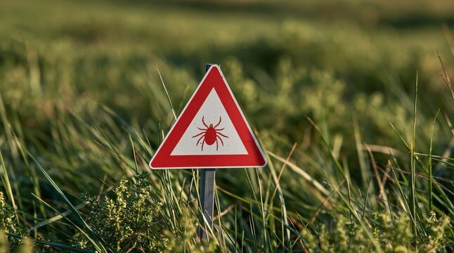 triangular warning sign with tick symbol in green grass