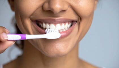 Fototapeta premium Woman using interdental brush closeup, oral health concept