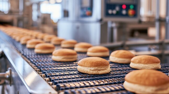 Freshly baked burger buns on automated production line in industrial bakery factory