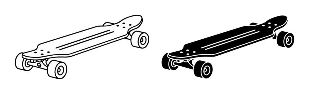 Longboard Skateboard Vector Set. Isometric Transport Icon, Streetboard Illustration. Sport Equipment Isolated Logo.