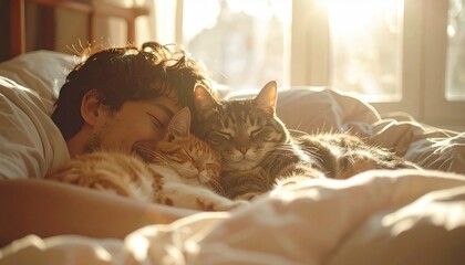 Fototapeta na wymiar Couple relaxing in bed with two adorable cats, cozy home lifestyle, pets and family happiness, morning sunlight