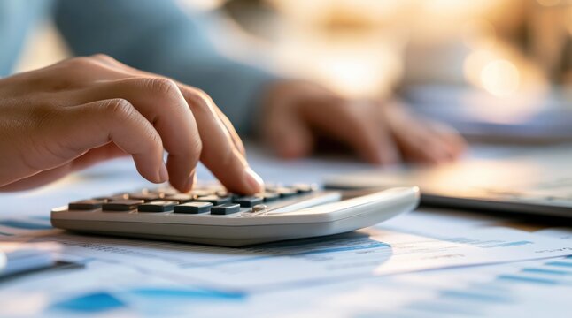Person using calculator on documents with financial graphs