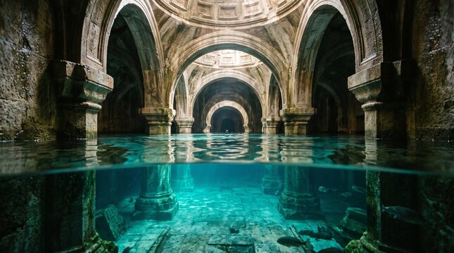 underground corridor submerged in turquoise water