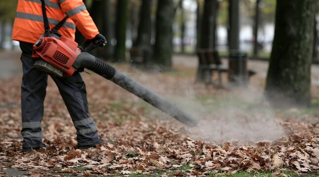 Professional worker clearing fallen leaves with leaf blower in public park during autumn