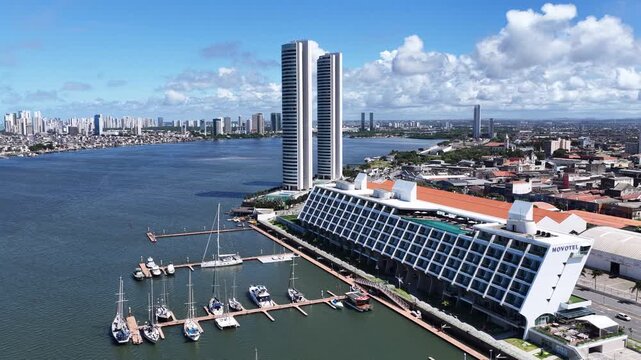 Riverfront Scene In Recife In Pernambuco Brazil. Beautiful Cityscape. Downtown District. Riverfront Landscape. Riverfront Scene In Recife Pernambuco Brazil Northeast. Peaceful Landscape Aerial View.