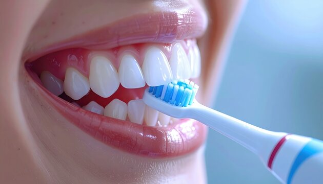 Closeup of electric toothbrush cleaning teeth