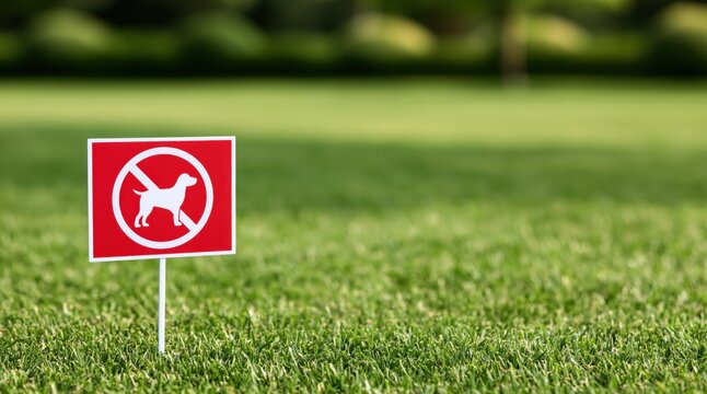 Small red no dogs sign on green lawn in park