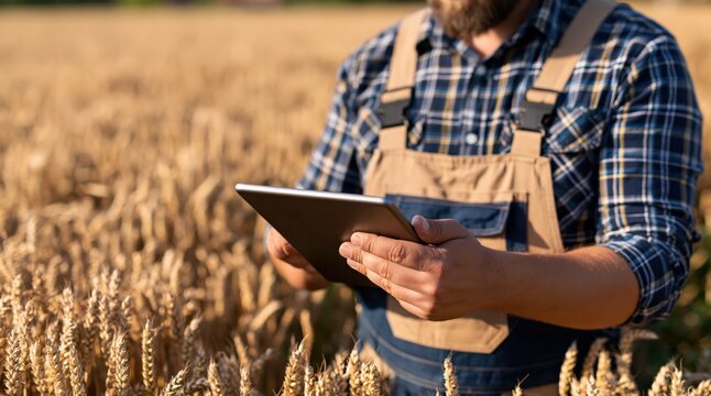 Close up of farmer using digital tablet in golden wheat field