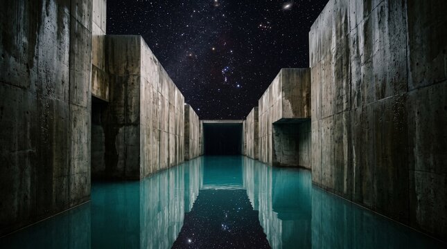 corridor filled with turquoise water but no ceiling, opening directly into the night sky above
