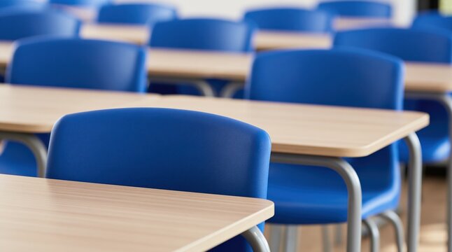 Blue chairs and wooden desks in empty classroom or lecture hall