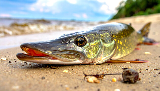 Close-up of a northern pike fish on a sandy beach