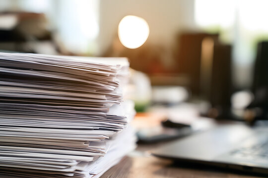 Bankruptcy documents lay out on a desk, the blurred background hinting at a financial office environment