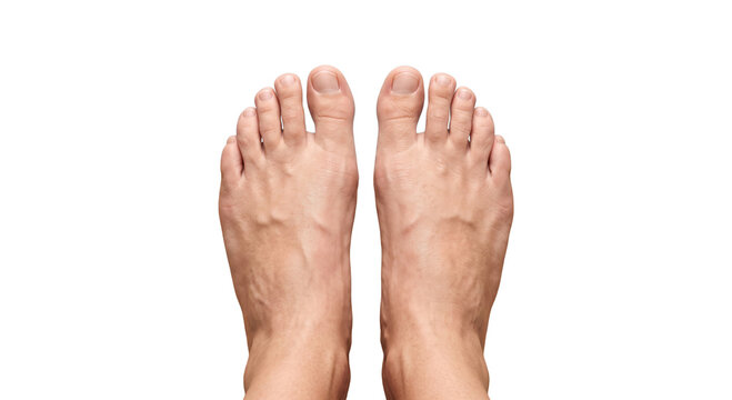 Close-up view of a pair of human feet with visible veins and clean toenails