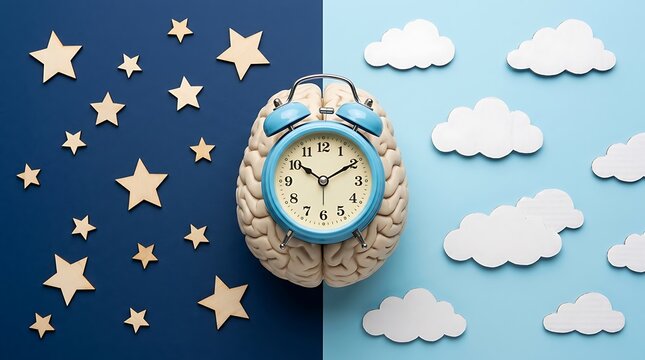 Alarm clock on a human brain showing day and night cycle