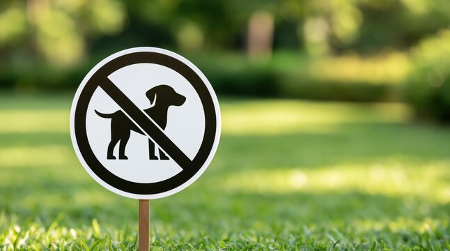 No dogs allowed sign on grassy lawn in park