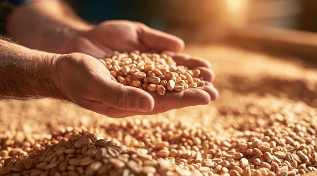 Hands holding wheat grain kernels