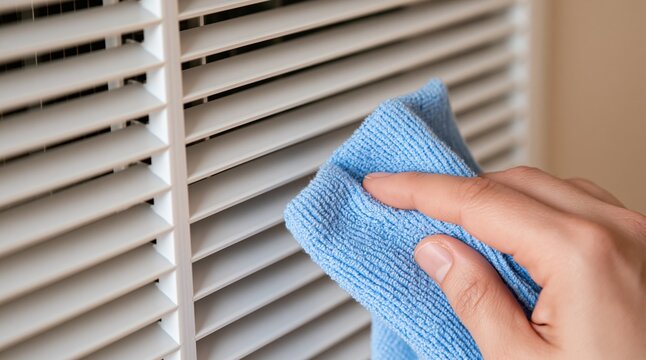 Hand cleaning air vent with blue microfiber cloth