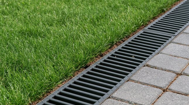 Linear drainage grate between green lawn and stone paved path