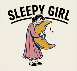 A charming vintage illustration of a sleepy girl embracing a crescent moon evoking a nostalgic feeling