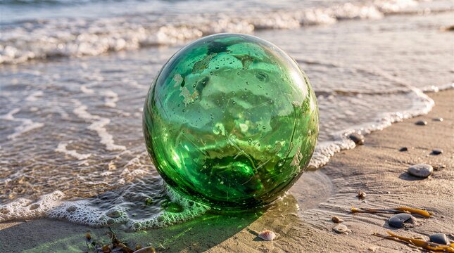 Green Glass Fishing Float on Wet Sandy Beach with Ocean Waves