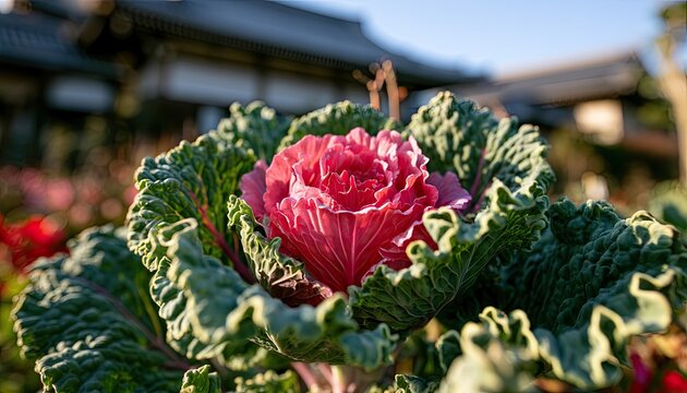 Vibrant ornamental cabbage with pink center unfolds in soft focus