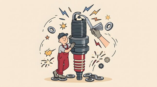 Mechanic adjusting auto spark plug gap with feeler gauge tool illustration for car engine service