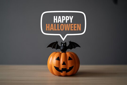 A carved halloween pumpkin with a black bat and a speech bubble saying happy halloween on grey background