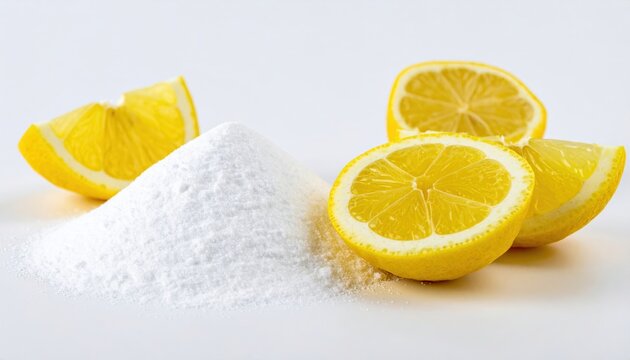 Baking soda and cut lemons on white background, household cleaning concept