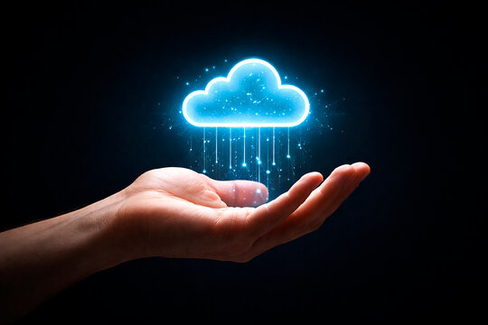 Hand holding glowing digital cloud computing symbol, data storage concept, network information transfer, virtual infrastructure connectivity.