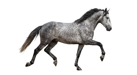 Fototapeta premium Elegant dapple grey horse in motion against a stark black background