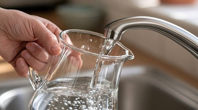 Hand holding glass pitcher filling with water from tap
