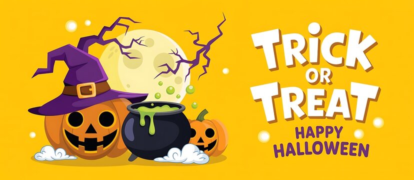 Happy halloween greeting card design featuring a cute jack o lantern wearing a witch hat and cauldron