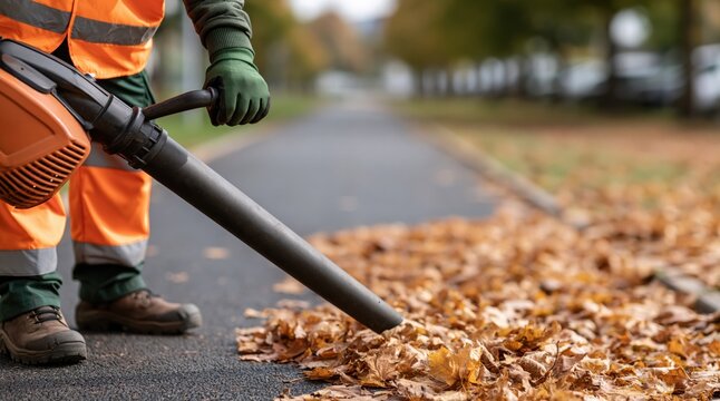 Worker in orange safety clothes using leaf blower to clear autumn leaves on pavement