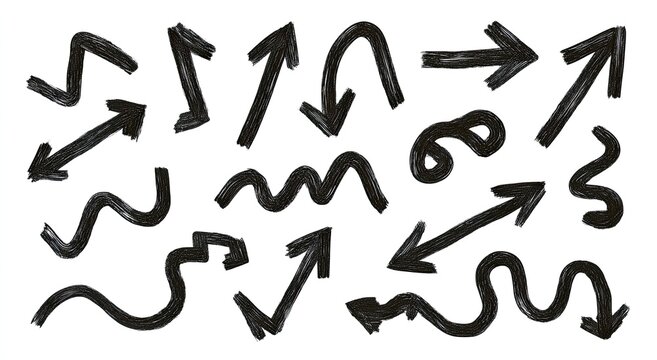 Collection of diverse hand-drawn black arrows on a white background