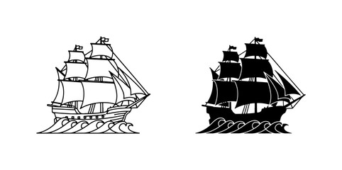 Classic Tall Ship Vector Art, Silhouette Sailing Vessel, Nautical Maritime Icon © Rasel