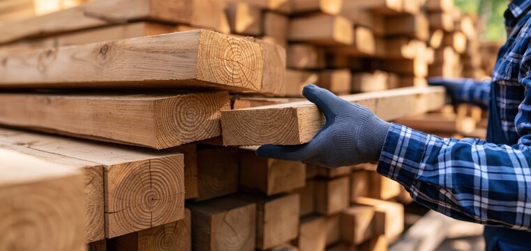 Worker in gloves handling wooden beam from stack in lumber yard