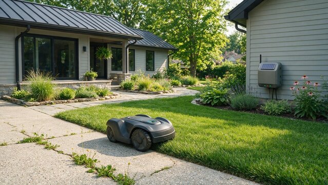 Black robotic lawn mower cutting grass next to weeds growing in driveway cracks on concrete path near modern home. Yard care technology concept.