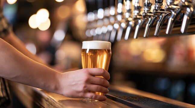 Hand holding glass of golden beer on wooden bar counter with row of draft taps