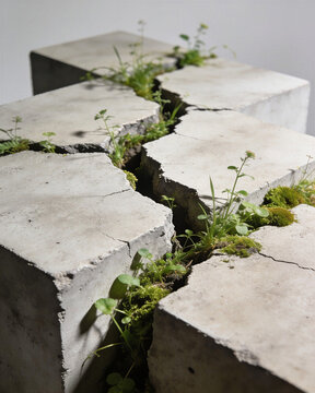 Studio photo of green weeds and moss growing in driveway cracks of broken concrete blocks. Minimalist art concept of nature overcoming stone.