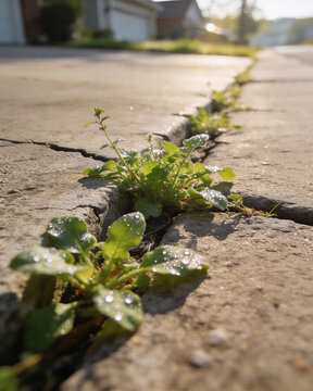 Close-up of green weeds covered in sparkling dew drops growing in driveway cracks on concrete pavement at sunrise. Symbol of fresh hope and life.