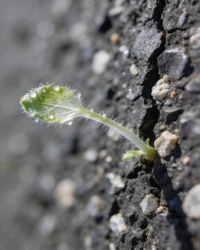 Extreme macro detail of a tiny green leaf sprout with water dew drops growing in driveway cracks on black asphalt. Origin of life concept.