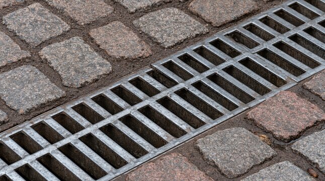 Metal gutter grate in cobblestone pavement