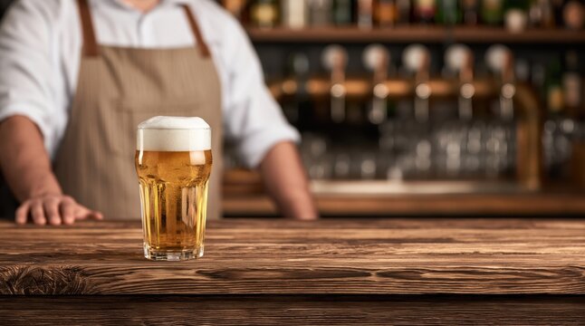 Glass of cold beer with foam on wooden bar counter with bartender in background