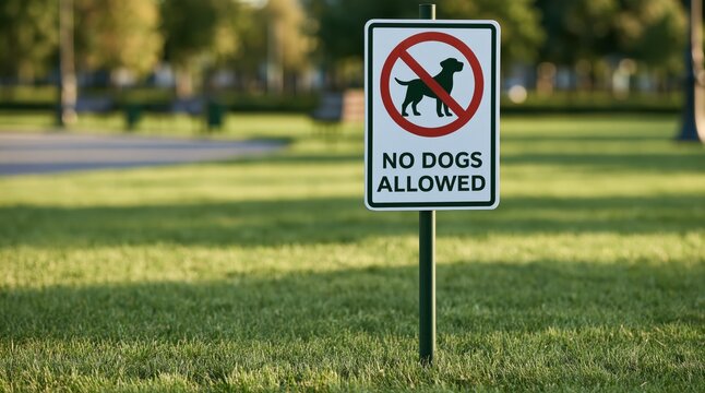 No dogs allowed sign standing on green lawn in park