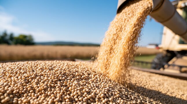 Soybean harvest with grain pouring from combine harvester into trailer