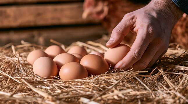 hand picking brown egg from straw nest in chicken coop